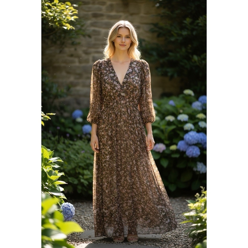 New byTiMo Georgette Sheer Flowers Sheer Dress Sz Medium Viscose Forest Fairy